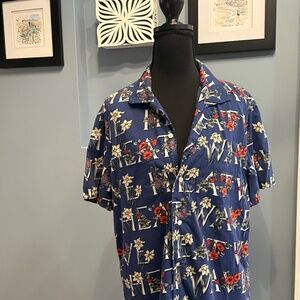 J CREW Mens SM Hawaiian Shirt Blue Floral Short Sleeve Cotton Linen HEAT WAVE